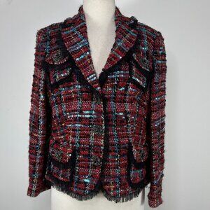 Rena Lange Multicolor Tweed Blazer Jacket Button Up, Lace, Sequence Women Sz 12
